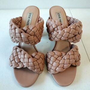 Steve Madden Braided Twisted Faux Leather Taupe Heel Slip On Sandals 8 Vacation